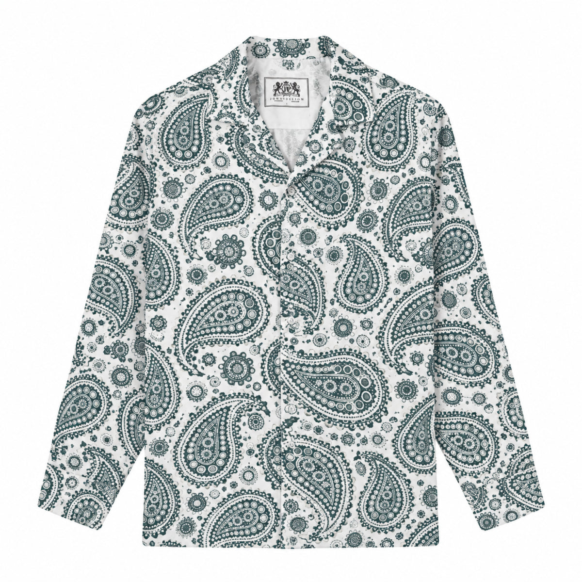 Dark green paisley cashew flower Print Long Sleeve Camp Collar Shirt