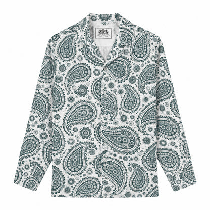Dark green paisley cashew flower Print Long Sleeve Camp Collar Shirt