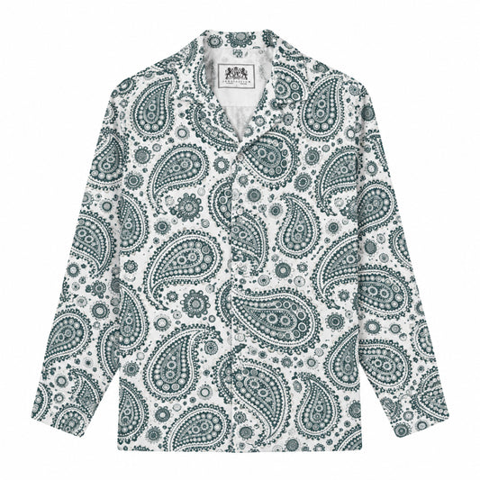 Dark green paisley cashew flower Print Long Sleeve Camp Collar Shirt
