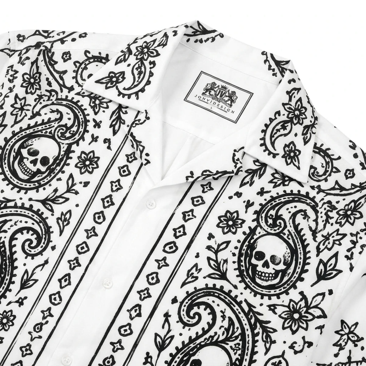 Skull Paisley Cashew Print Long Sleeve Camp Collar Shirt