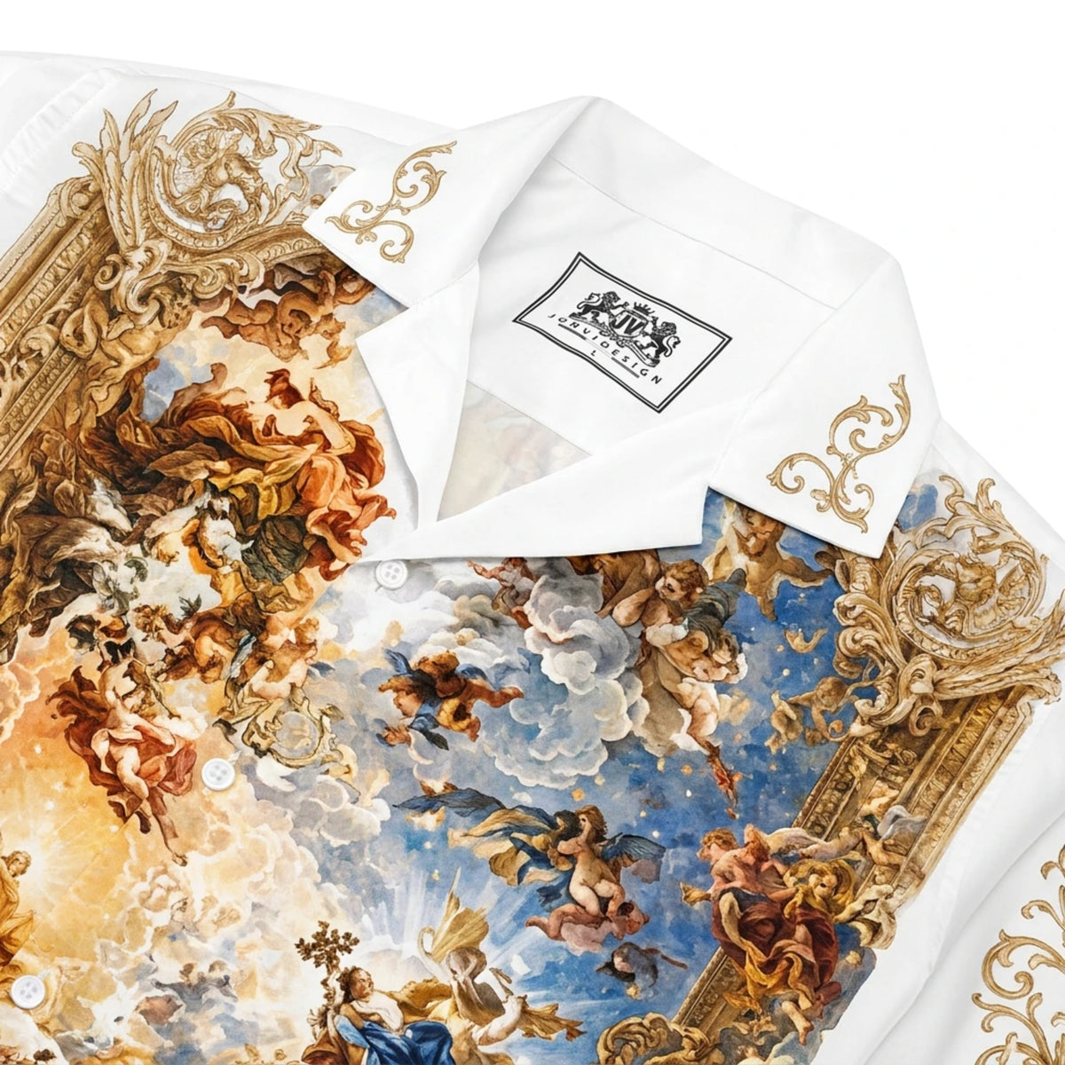 Golden-framed Auspicious Cloud Angel Print Long Sleeve Camp Collar Shirt