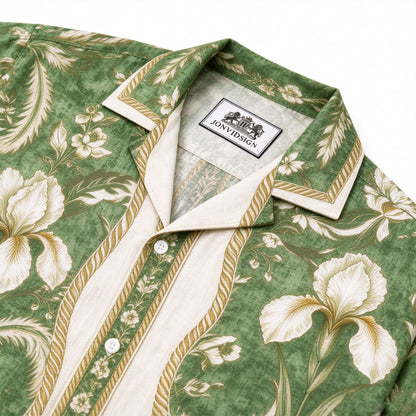 Emerald Grass Pattern Print Long Sleeve Camp Collar Shirt