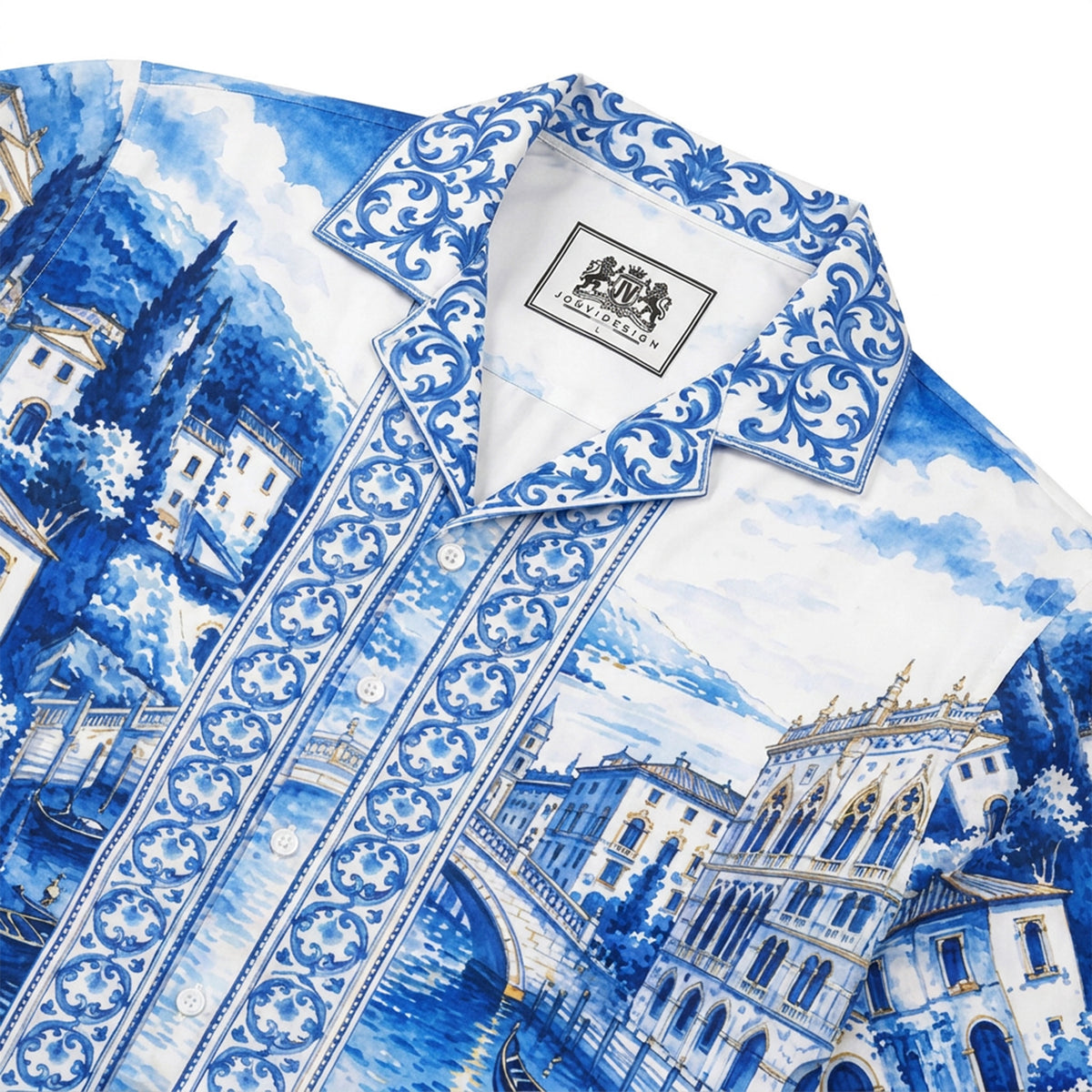 Blue White Porcelain Venetian Cherub Rose Long Sleeve Shirt