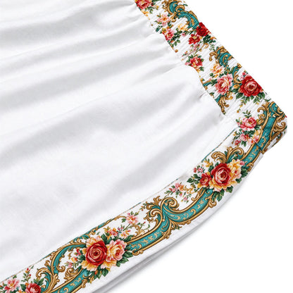 White Teal Gold Baroque Rose Print Long Sleeve Wide pants