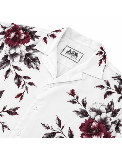Wine Red Charcoal Peony Floral Retro Cuban Collar Shirt