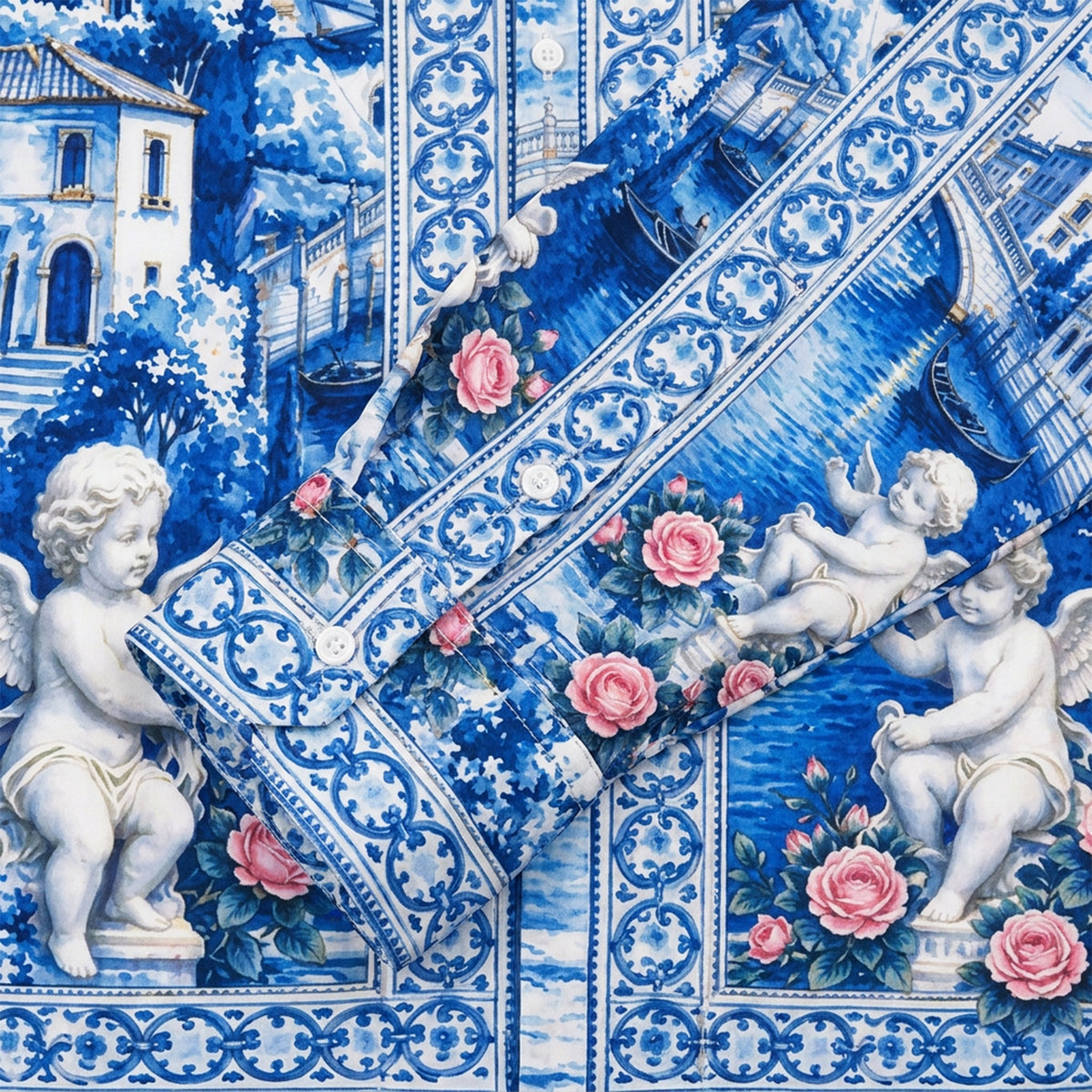 Blue White Porcelain Venetian Cherub Rose Long Sleeve Shirt