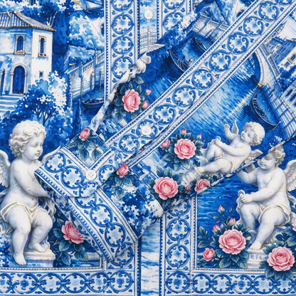 Blue White Porcelain Venetian Cherub Rose Long Sleeve Shirt