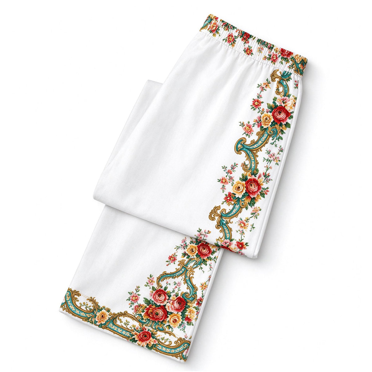 White Teal Gold Baroque Rose Print Long Sleeve Wide pants