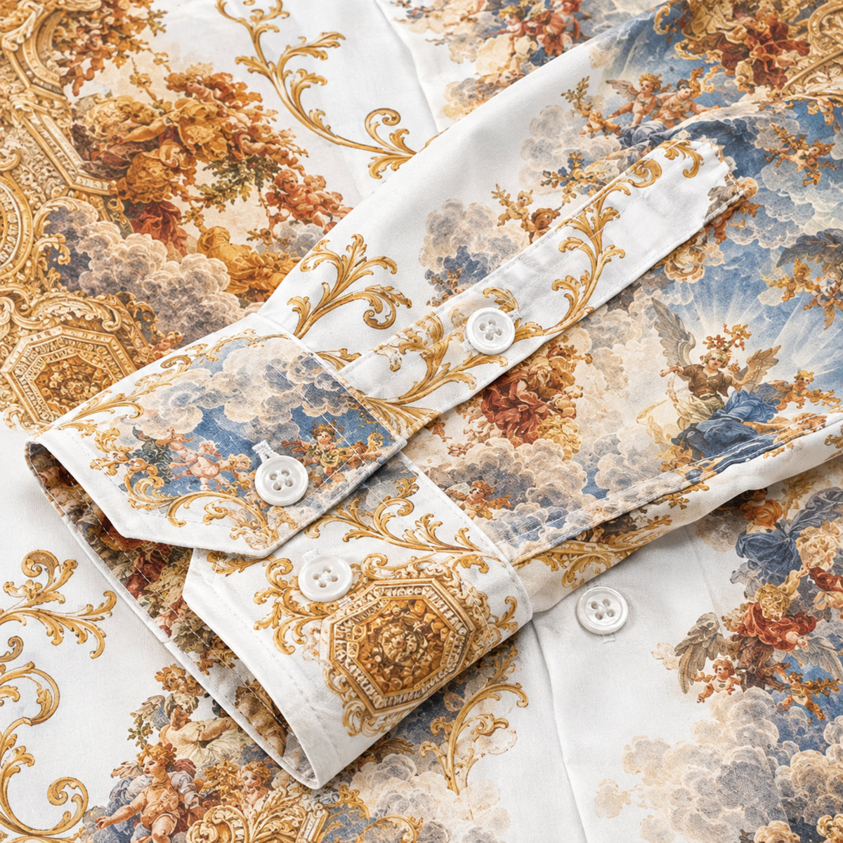 Golden-framed Auspicious Cloud Angel Print Long Sleeve Camp Collar Shirt