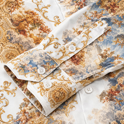 Golden-framed Auspicious Cloud Angel Print Long Sleeve Camp Collar Shirt