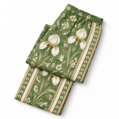 Emerald Grass Pattern Print Casual Trousers With Elastic Waistband