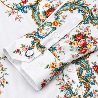 White Teal Gold Baroque Rose Print Long Sleeve Shirt