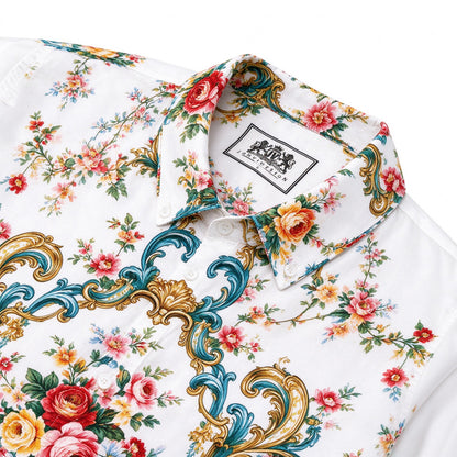 White Teal Gold Baroque Rose Print Long Sleeve Shirt