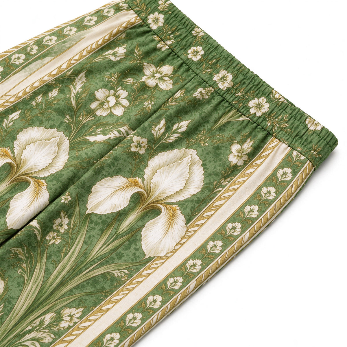 Emerald Grass Pattern Print Casual Trousers With Elastic Waistband