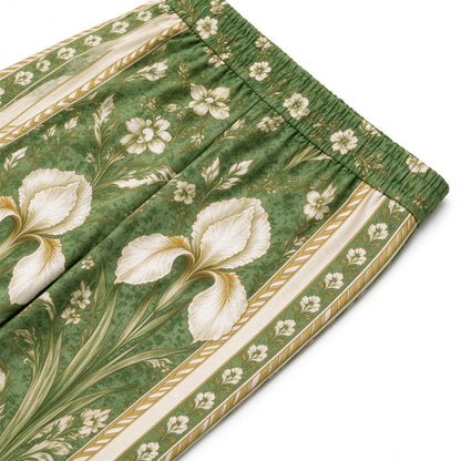 Emerald Grass Pattern Print Casual Trousers With Elastic Waistband