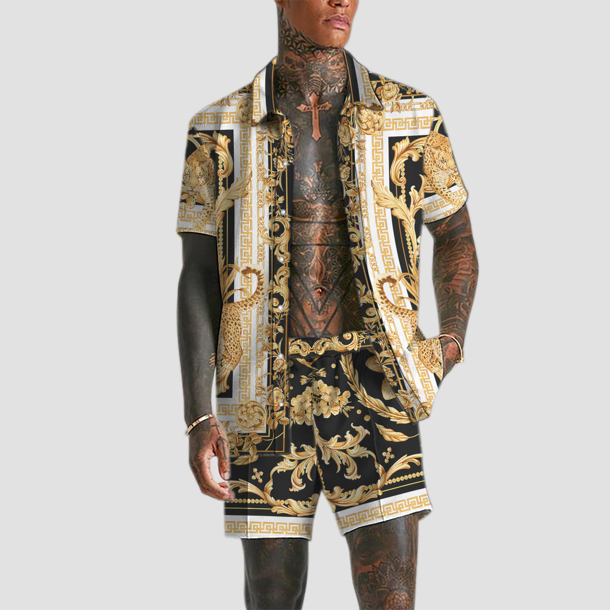 Baroque Pattern Elastic Waistband Casual Shorts