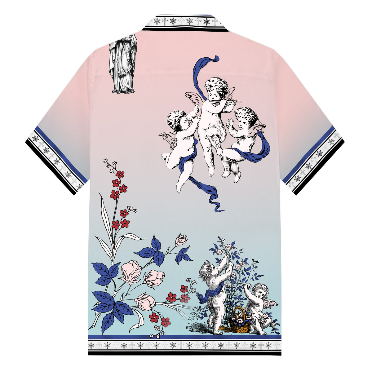 Virgin Statue Ancient Greek Cherub Print Camp Collar Short Sleeve Shirt