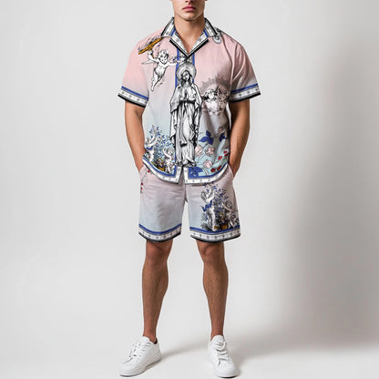 Virgin Statue Ancient Greek Cherub Print Camp Collar Short Sleeve Shirt