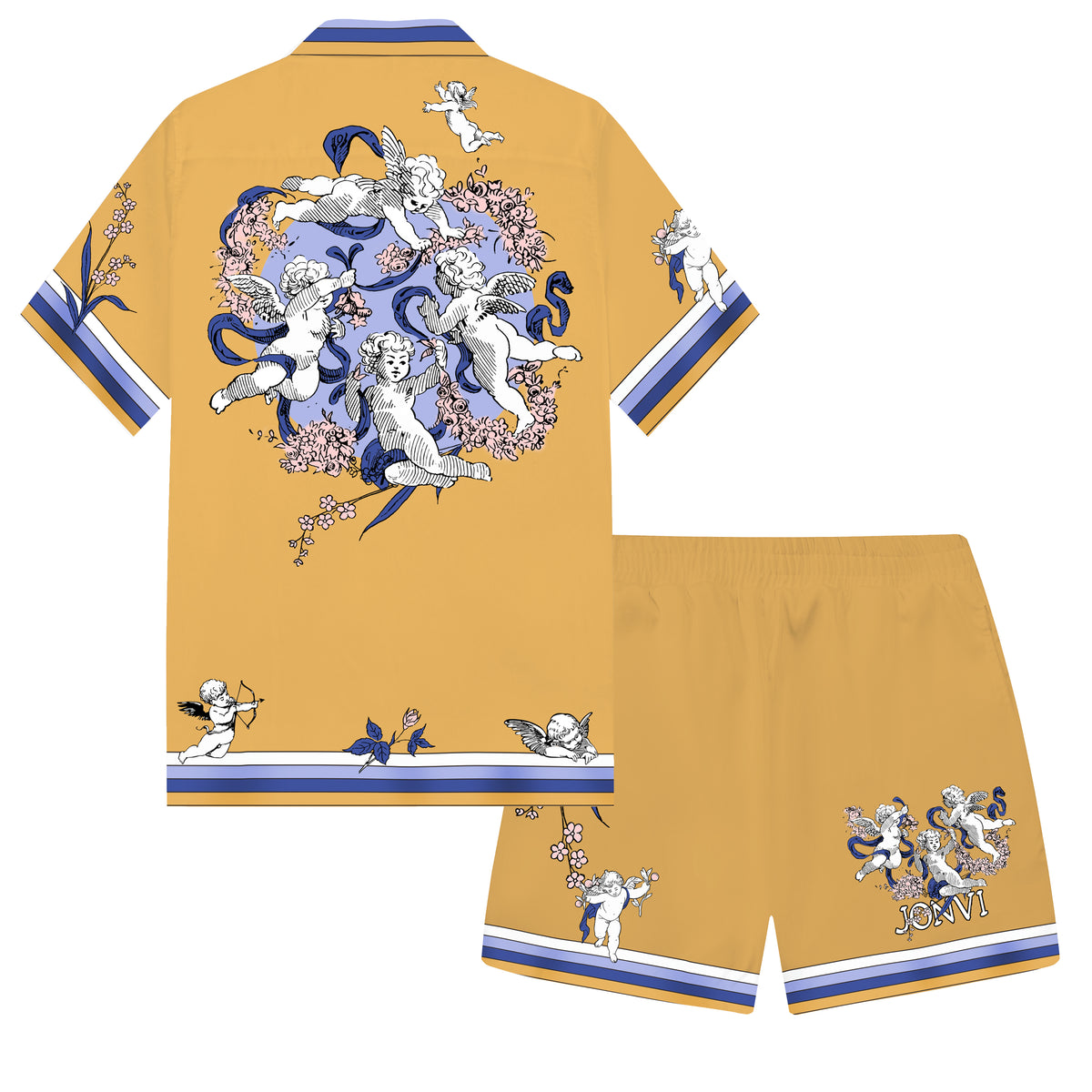 Little Angel Playing Print Camp Collar Short Sleeve Shirt