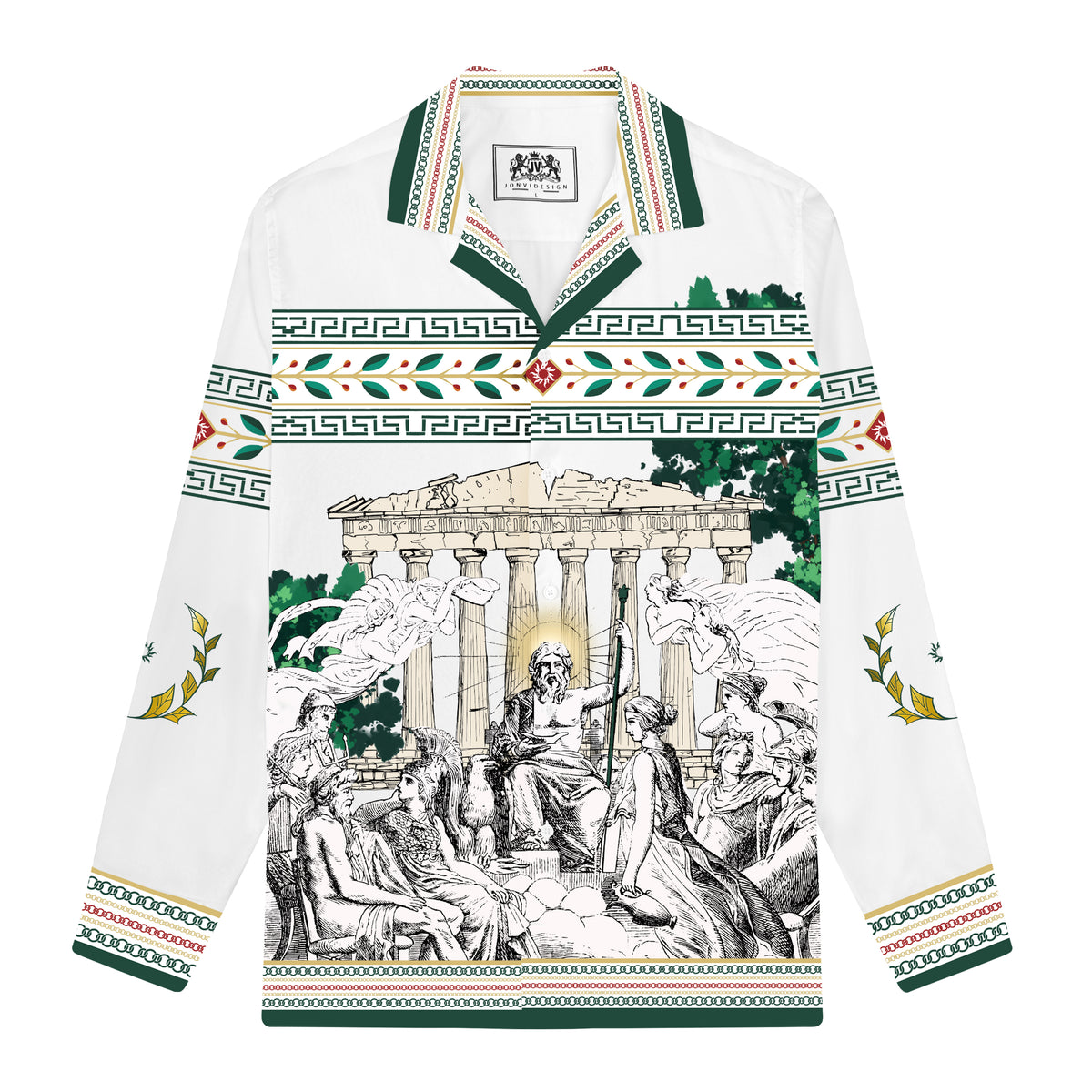 Greek Gods Print Long Sleeve Camp Collar Shirt