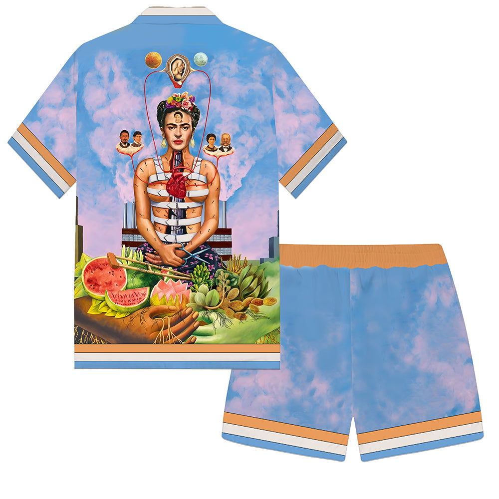 Mexican Painter Frida Personality Character Pattern Camp Collar Casual Shirt in Blue