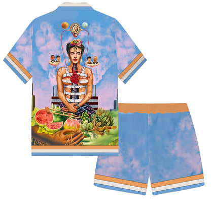 Mexican Painter Frida Personality Character Pattern Camp Collar Casual Shirt in Blue