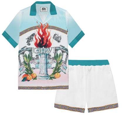 Greek Holy Fire Roman Column Print Elastic Waistband Summer Casual Shorts