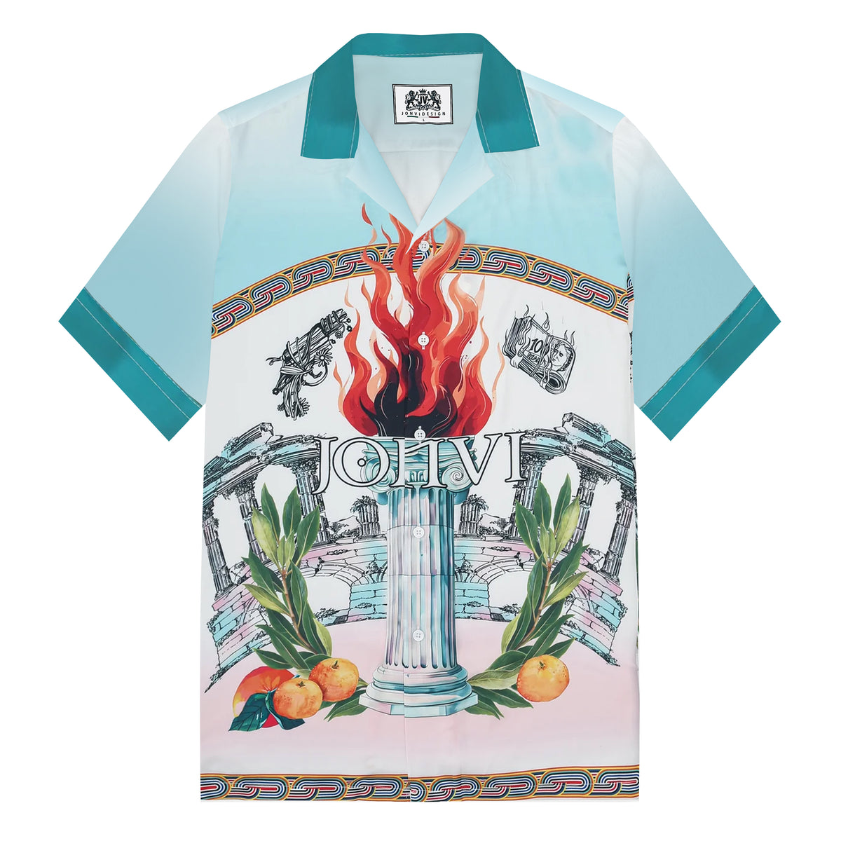 Greek Holy Fire Roman Column Print Camp Collar Short Sleeve Shirt