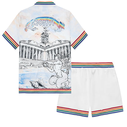 Greek Temple Print Elastic Waistband Summer Casual Shorts