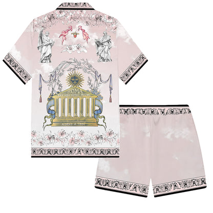 Roman Temple Print Camp Collar Short Sleeve Shirt