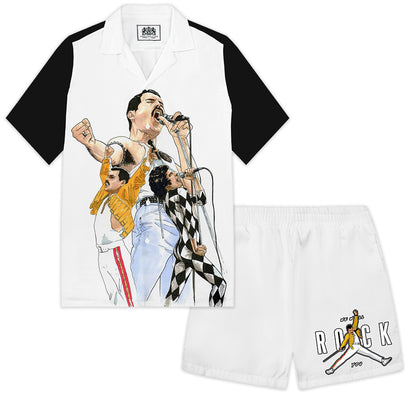 Rock Band Pattern Camp Collar Short Sleeve Shirt