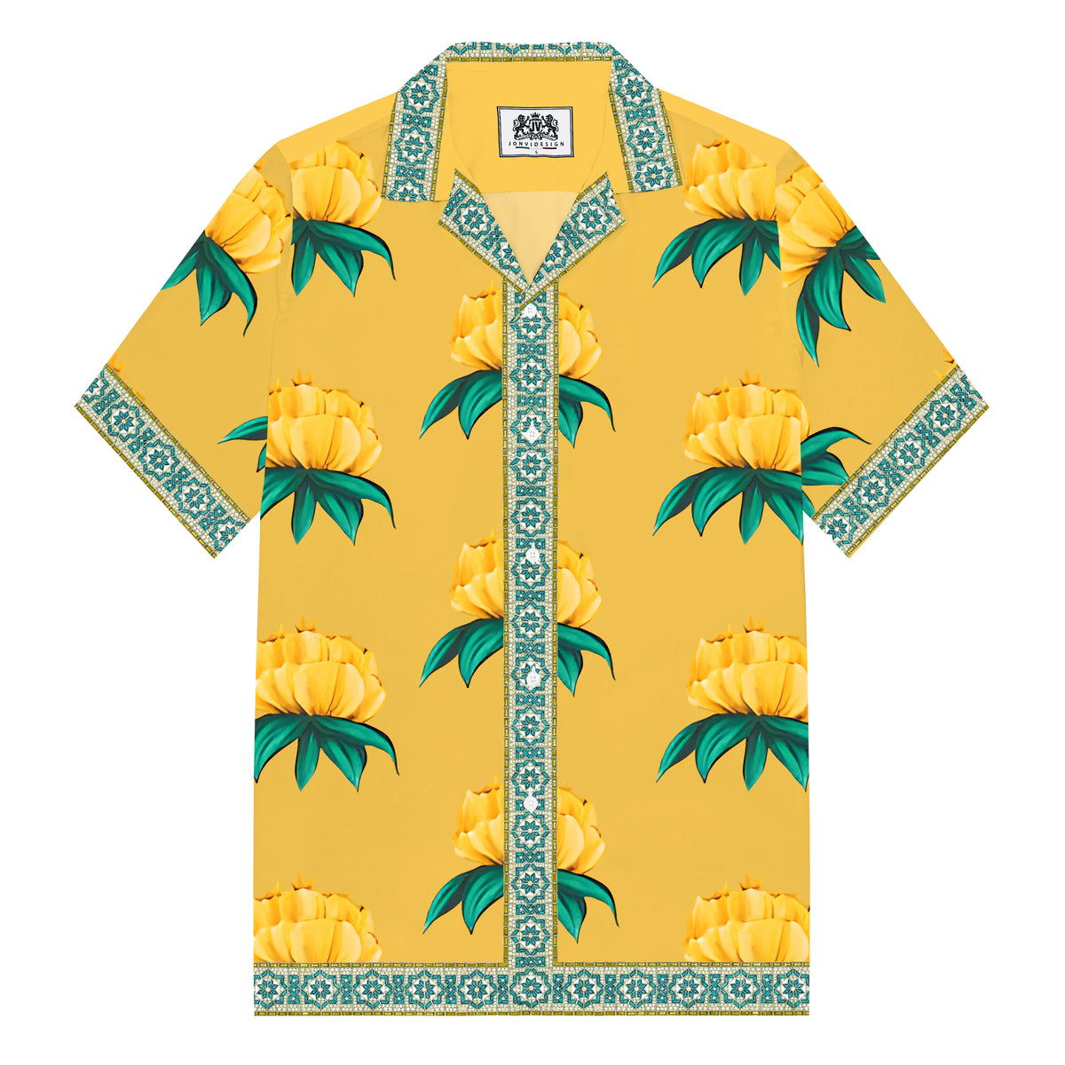 Summer Floral Print Camp Collar Casual Shirt Men's Yellow Short-Sleeved Shirt