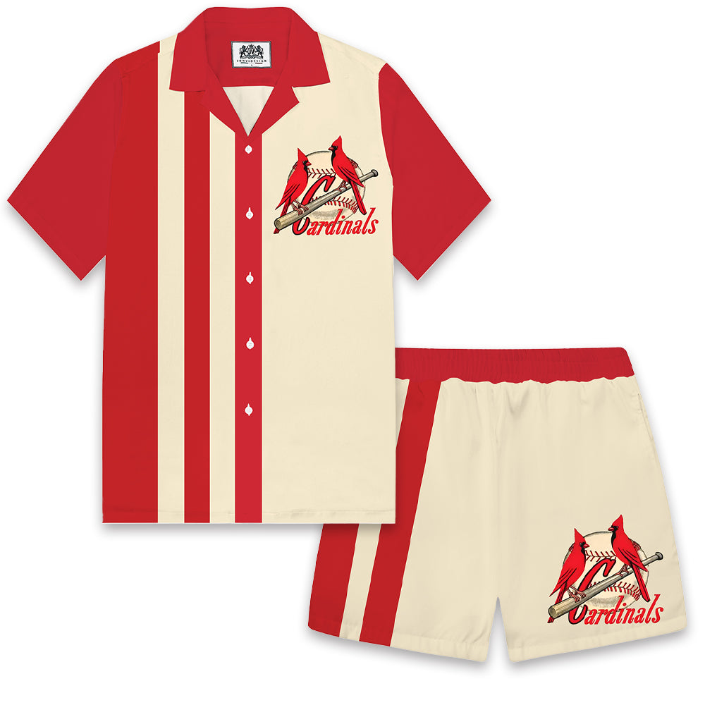 Red Retro Baseball Print Elastic Waistband Summer Casual Shorts