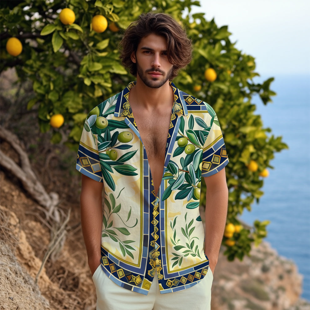 Olive Tree Pattern Camp Collar Casual Shirt for Men
