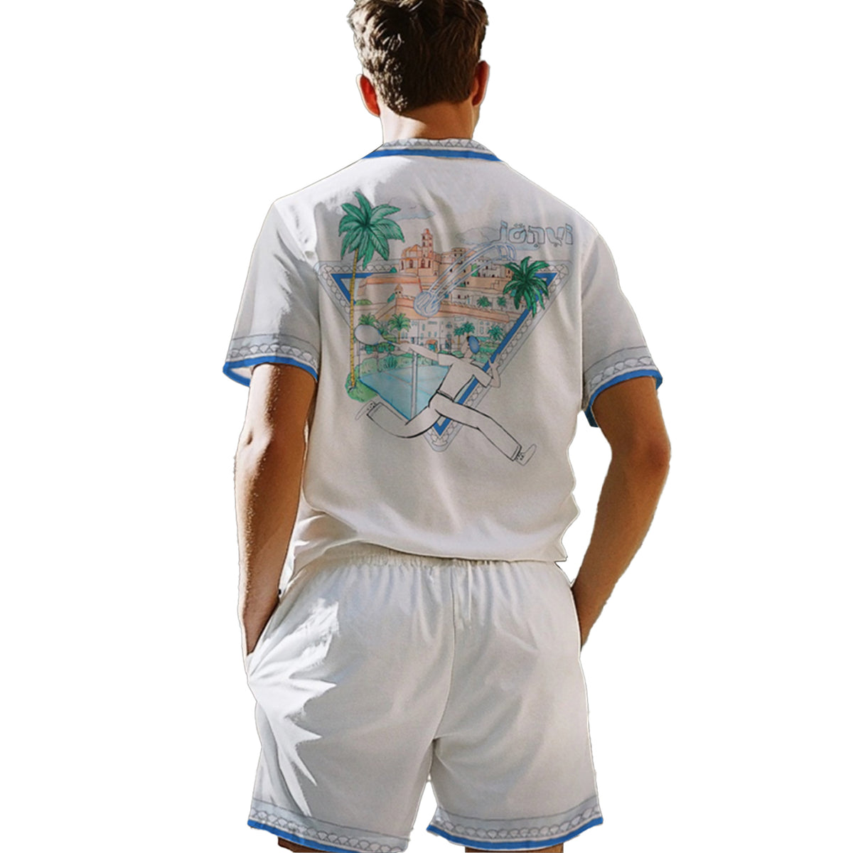 Tennis Palace Pattern Camp Collar Short Sleeve Shirt
