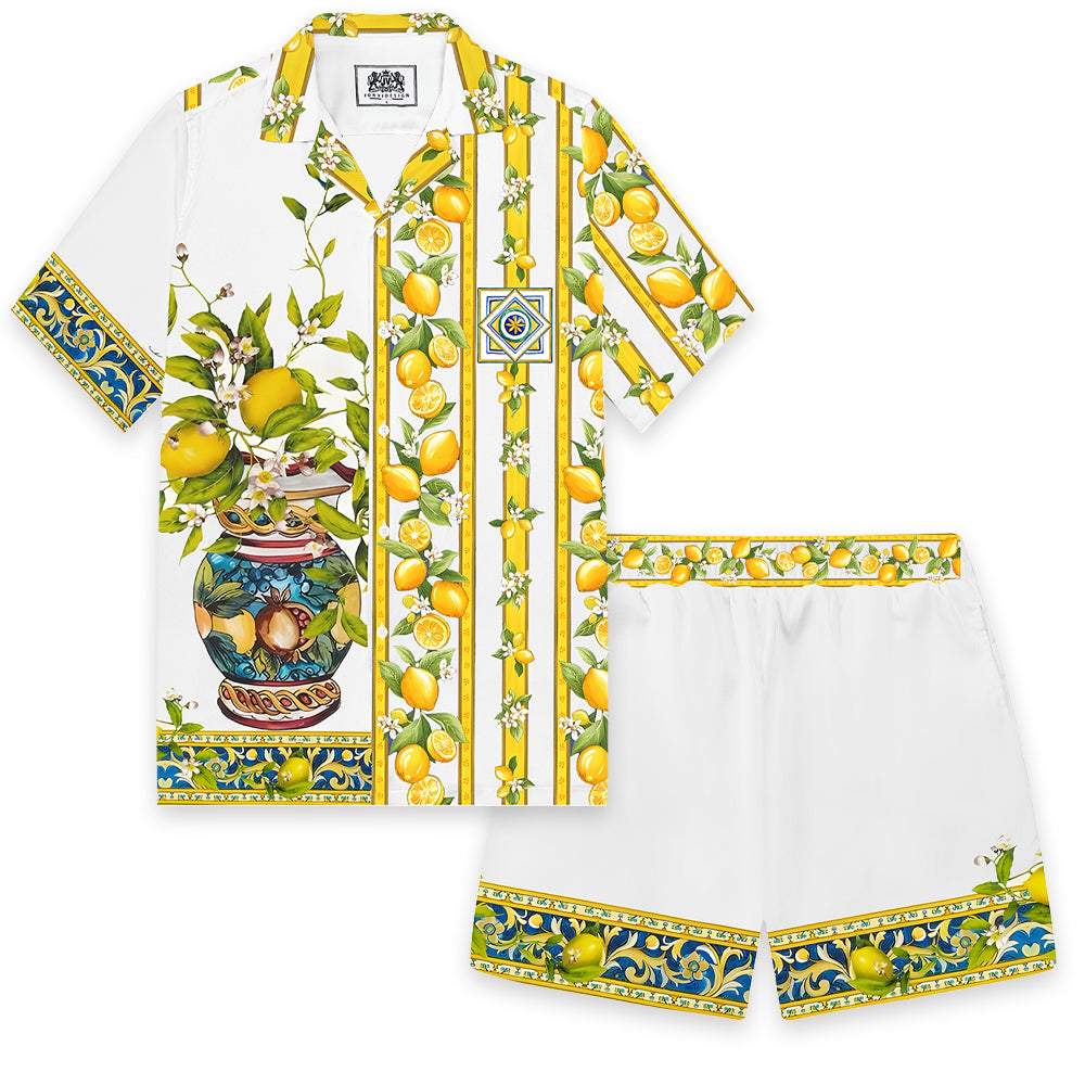 Summer Lemon Potted Pattern Print Elastic Waistband Casual Shorts