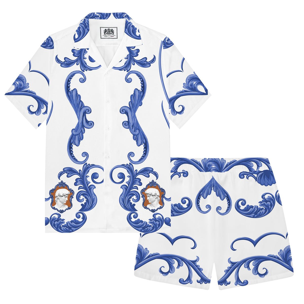 Statue Of David Baroque Floral Pattern Camp Collar Short Sleeve Shirt