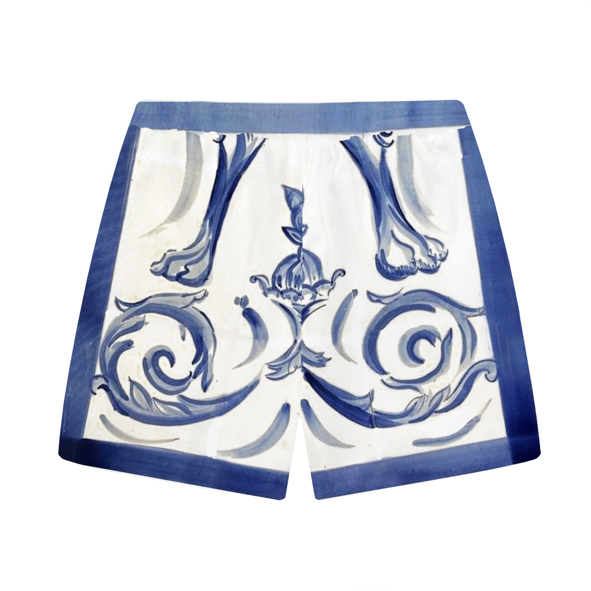 Little Angel Blue and White Porcelain Print Pattern Elastic Waistband Casual Shorts