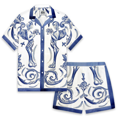 Little Angel Blue and White Porcelain Print Pattern Camp Collar Short Sleeve Shirt