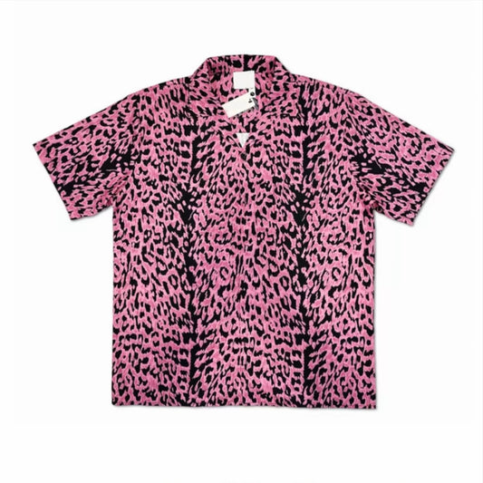 Pink‑Black Leopard Print Men’s Cuban Collar Shirt