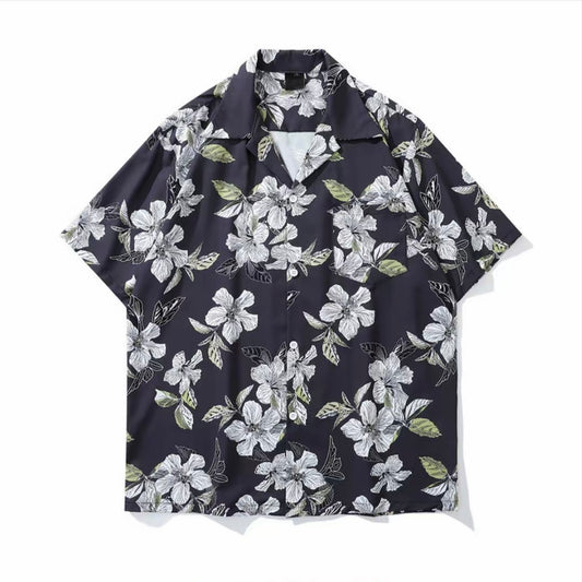 Dark Navy White Floral Men’s Cuban Collar Shirt