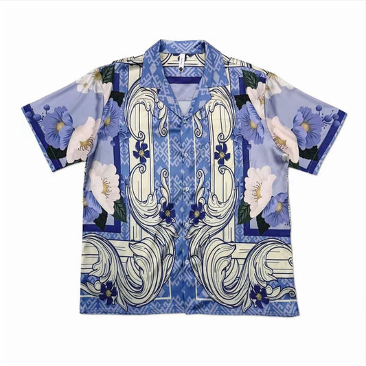 Blue‑Purple Baroque Floral Men’s Cuban Collar Shirt