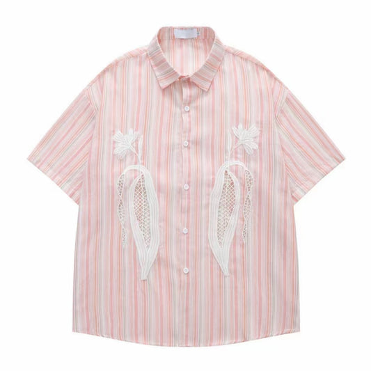 Pink‑White Stripe Hollow‑Out Embroidery Men’s Short‑Sleeve Shirt