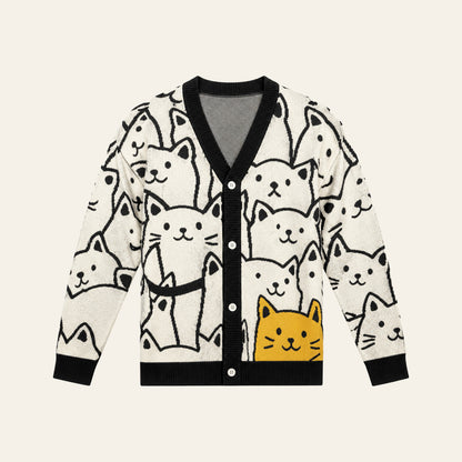 Cartoon Cat Print Men’s Knit Sweater
