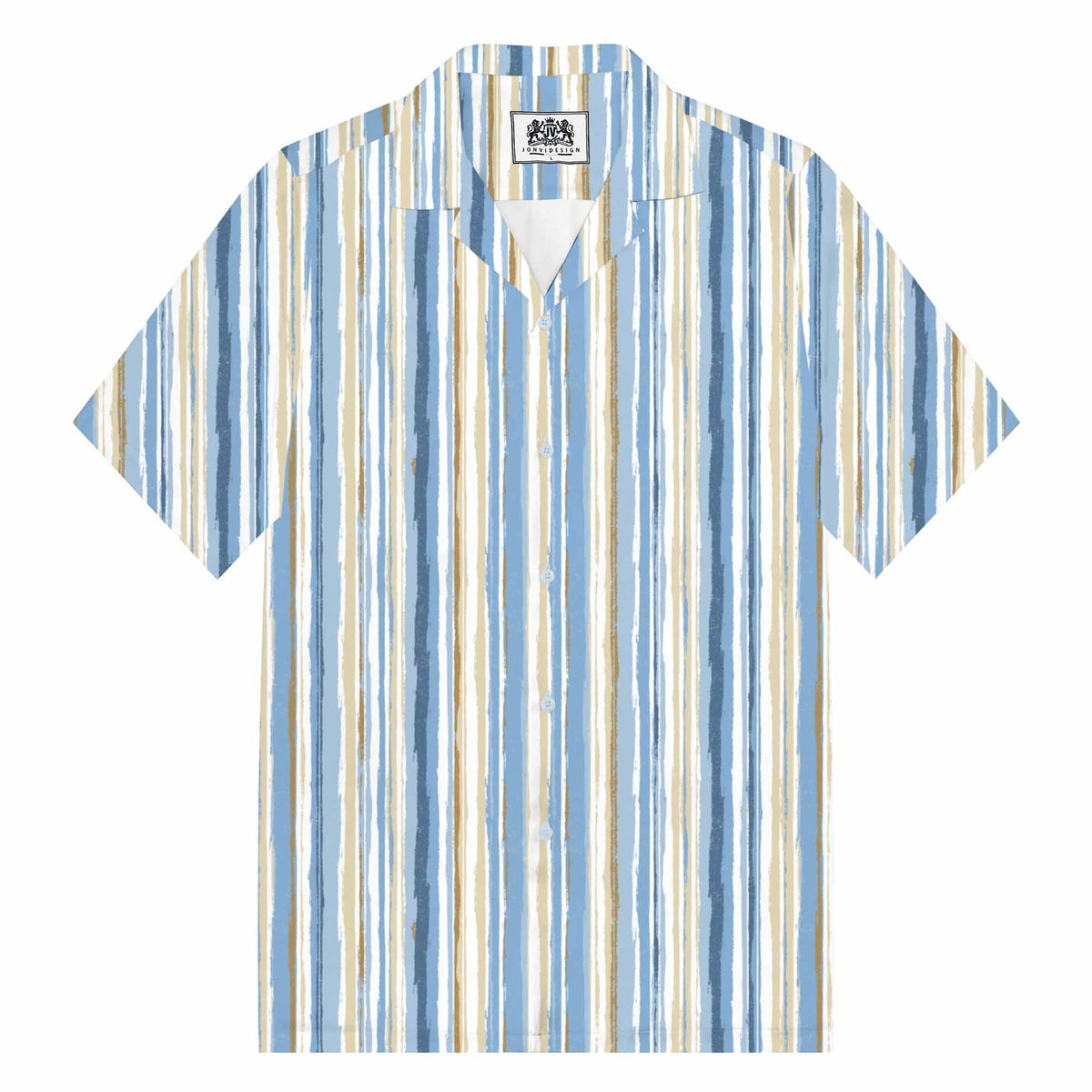 Light Blue Vertical Striped Casual Camp Collar Short-Sleeved Shirt