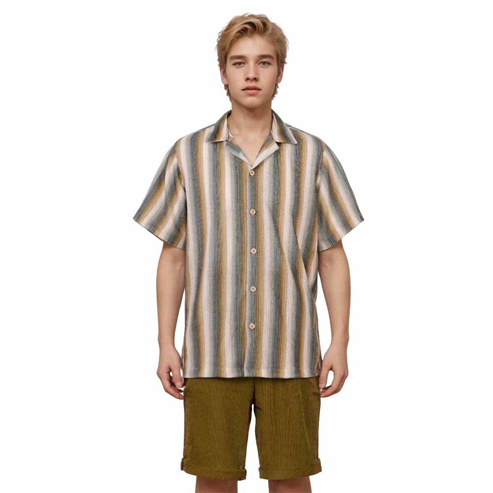 Brown Vertical Striped Casual Camp Collar Short-Sleeved Shirt