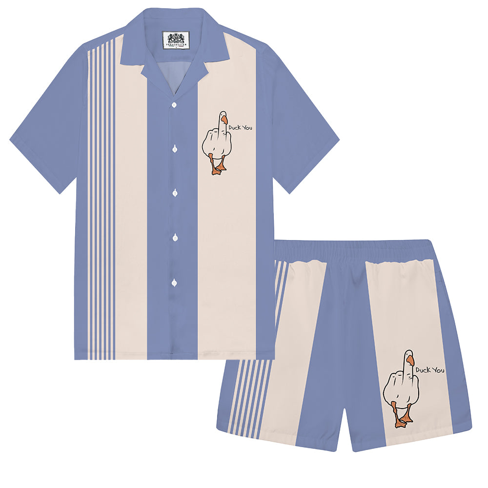 Blue Funny Duck Middle Finger Graphic Camp Collar Short Sleeve Shirt