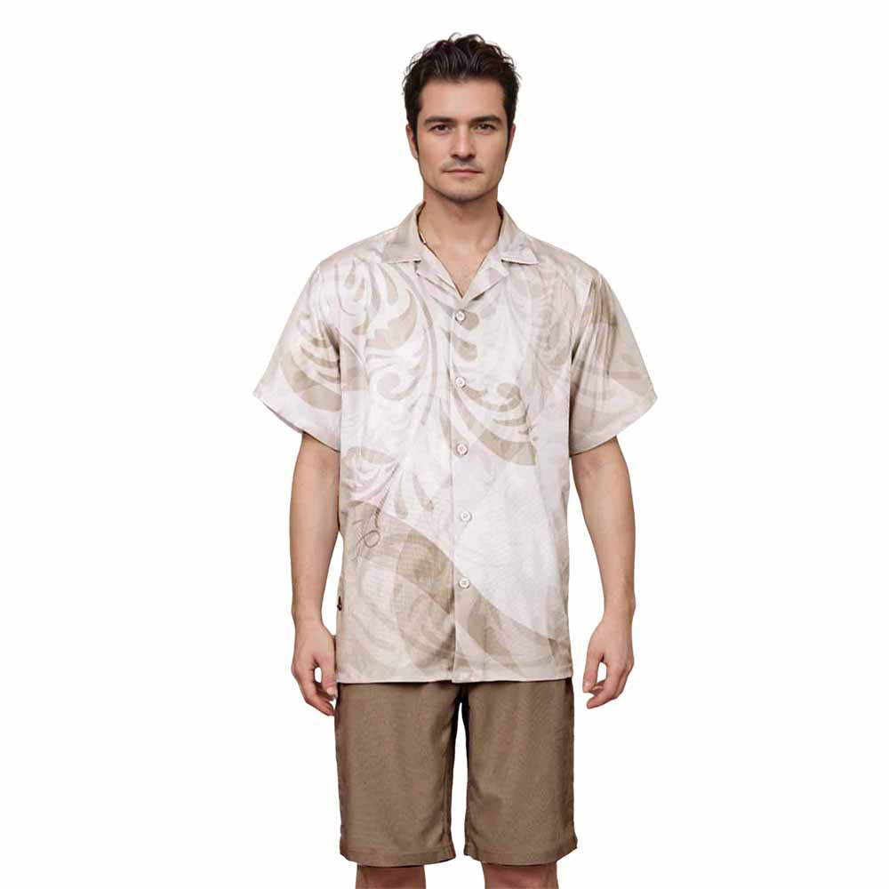 Light Brown On White Polynesian Elastic Waistband Summer Casual Shorts