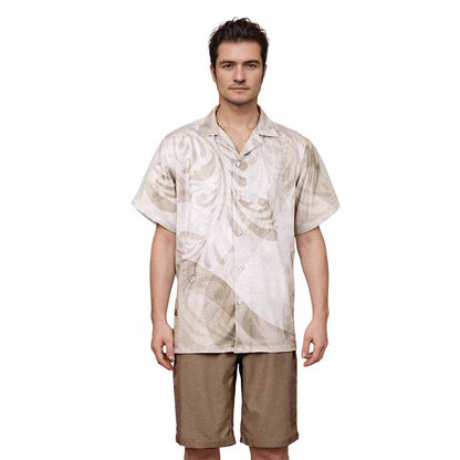Light Brown On White Polynesian Elastic Waistband Summer Casual Shorts