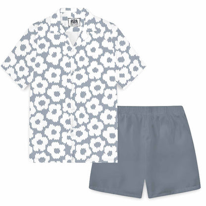 Small White Flower Pattern Camp Collar Short-Sleeved Shirt